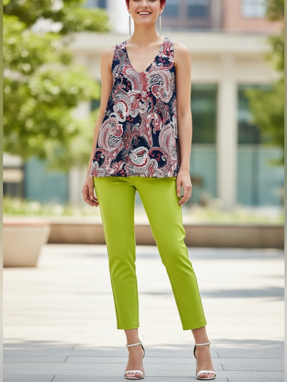 Roz & Ali Bright Lime Cropped Stretch Ankle Pants Size 10 and Paisley Top Size M